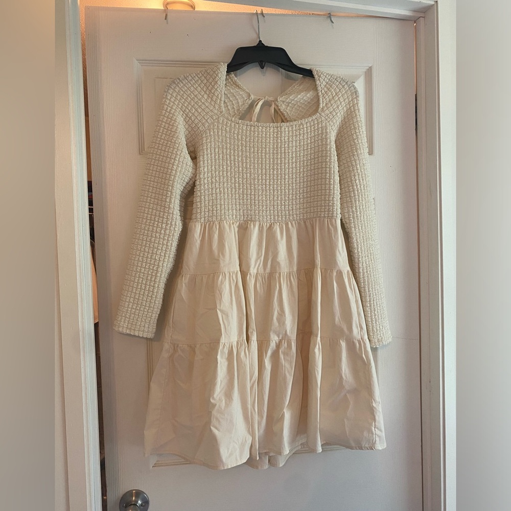 Aureum Off-White Square Neck Smock Dress